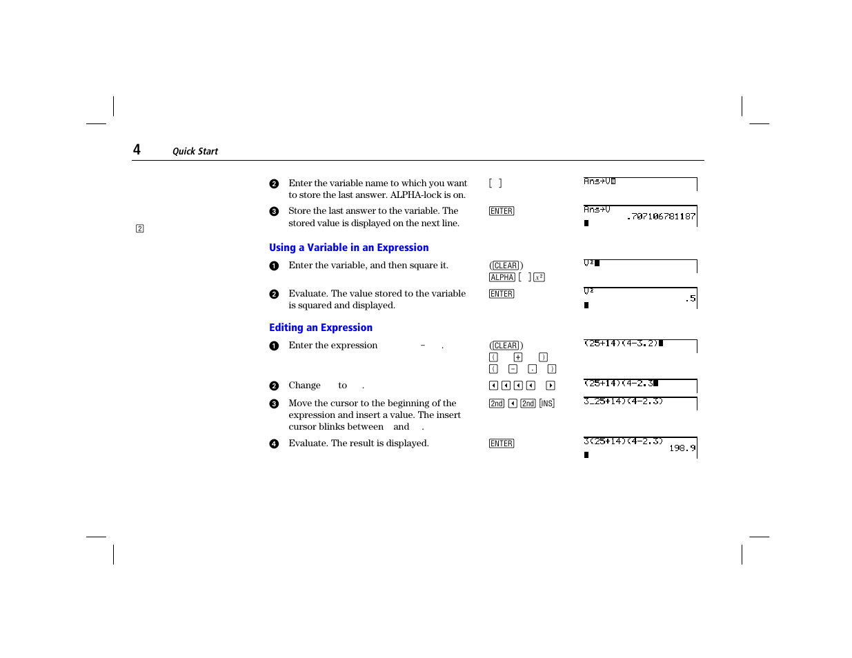 Using a variable in an expression, Editing an expression | Texas Instruments TI-86 User Manual | Page 16 / 431