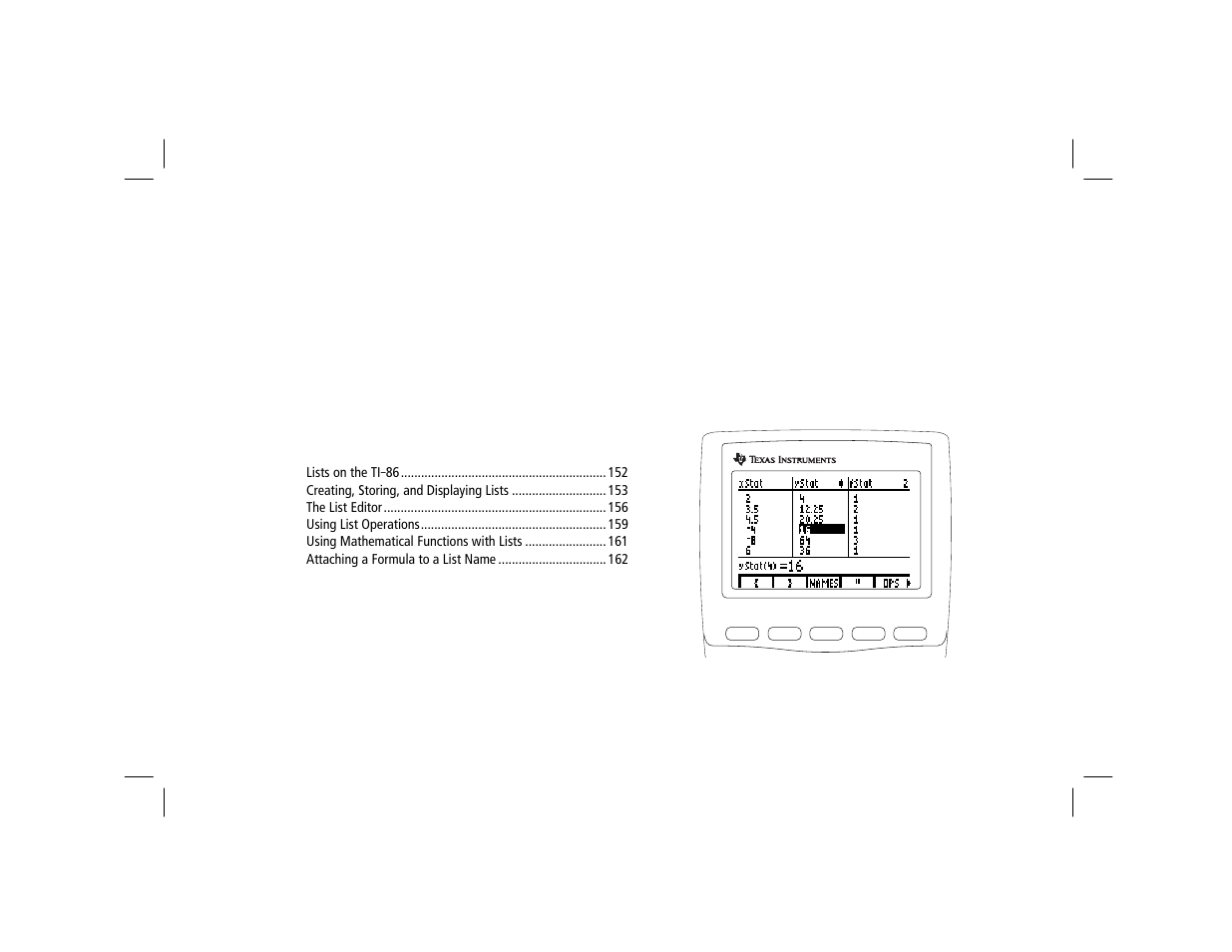 Chapter 11: lists, Lists | Texas Instruments TI-86 User Manual | Page 163 / 431