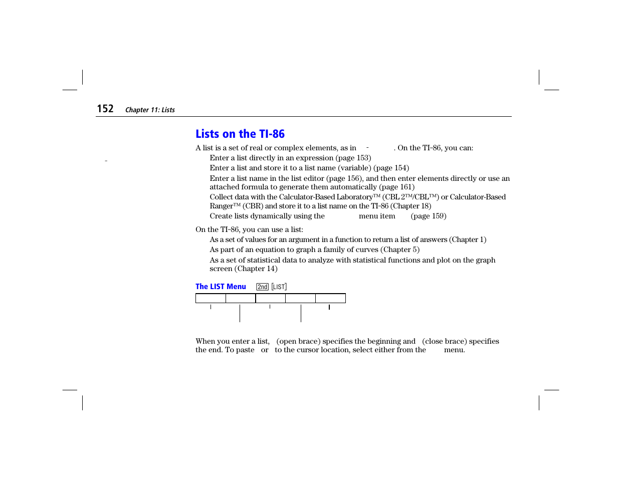 Lists on the ti-86, The list menu | Texas Instruments TI-86 User Manual | Page 164 / 431