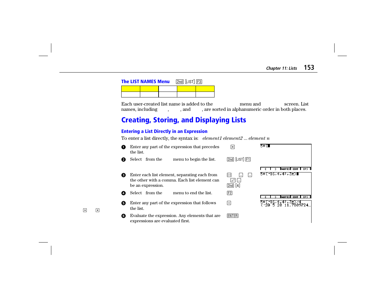 The list names menu, Creating, storing, and displaying lists, Entering a list directly in an expression | Texas Instruments TI-86 User Manual | Page 165 / 431