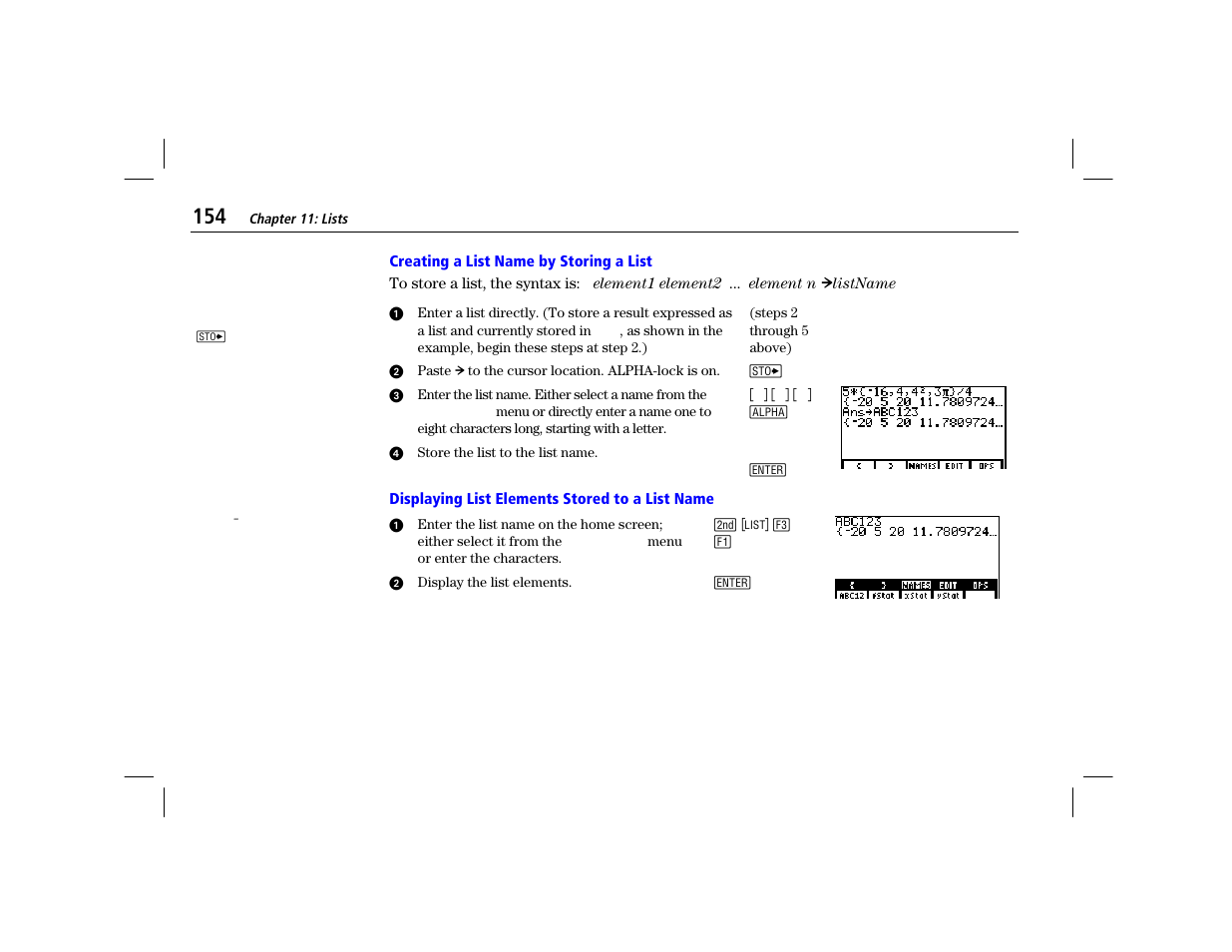 Creating a list name by storing a list, Displaying list elements stored to a list name | Texas Instruments TI-86 User Manual | Page 166 / 431