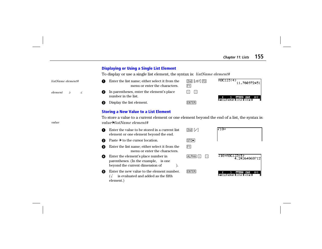 Displaying or using a single list element, Storing a new value to a list element | Texas Instruments TI-86 User Manual | Page 167 / 431