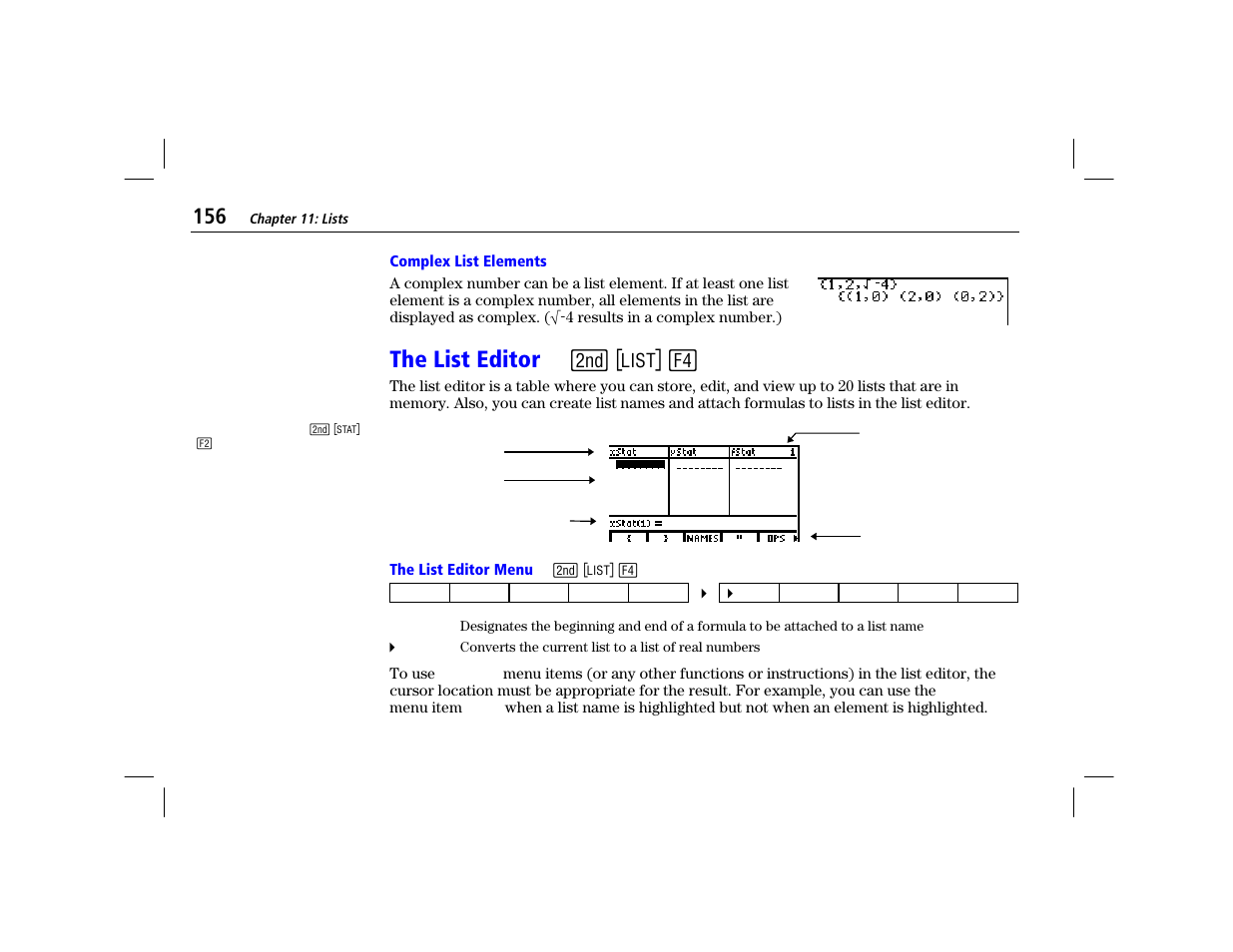 Complex list elements, The list editor, The list editor menu | The list editor - ” ) | Texas Instruments TI-86 User Manual | Page 168 / 431