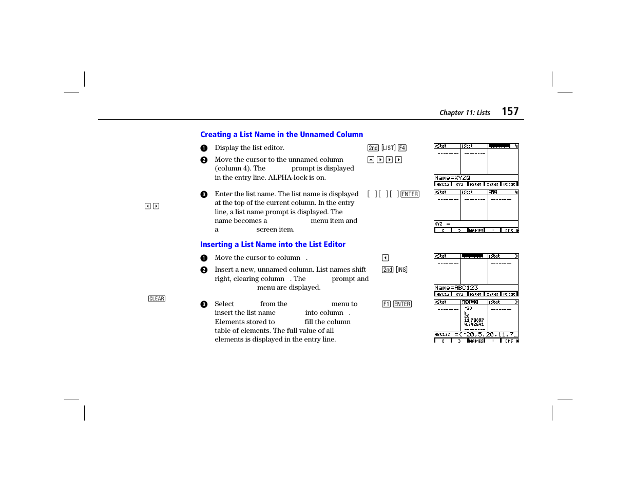 Creating a list name in the unnamed column, Inserting a list name into the list editor | Texas Instruments TI-86 User Manual | Page 169 / 431