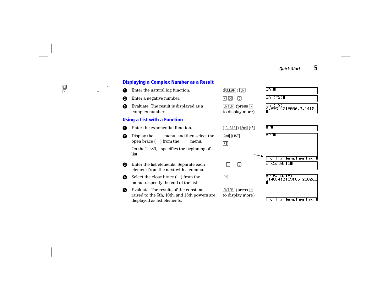 Displaying a complex number as a result, Using a list with a function | Texas Instruments TI-86 User Manual | Page 17 / 431