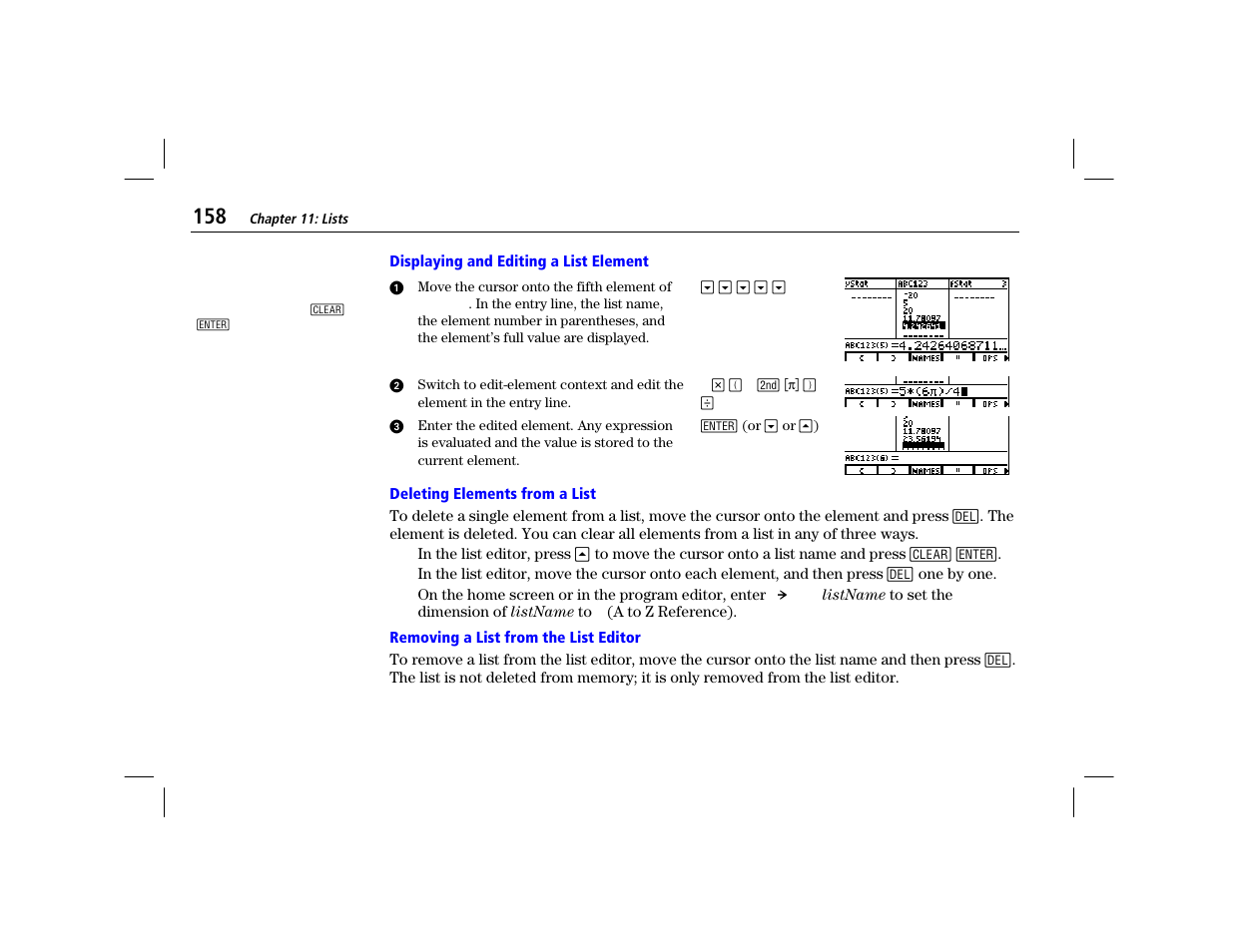 Displaying and editing a list element, Deleting elements from a list, Removing a list from the list editor | Texas Instruments TI-86 User Manual | Page 170 / 431