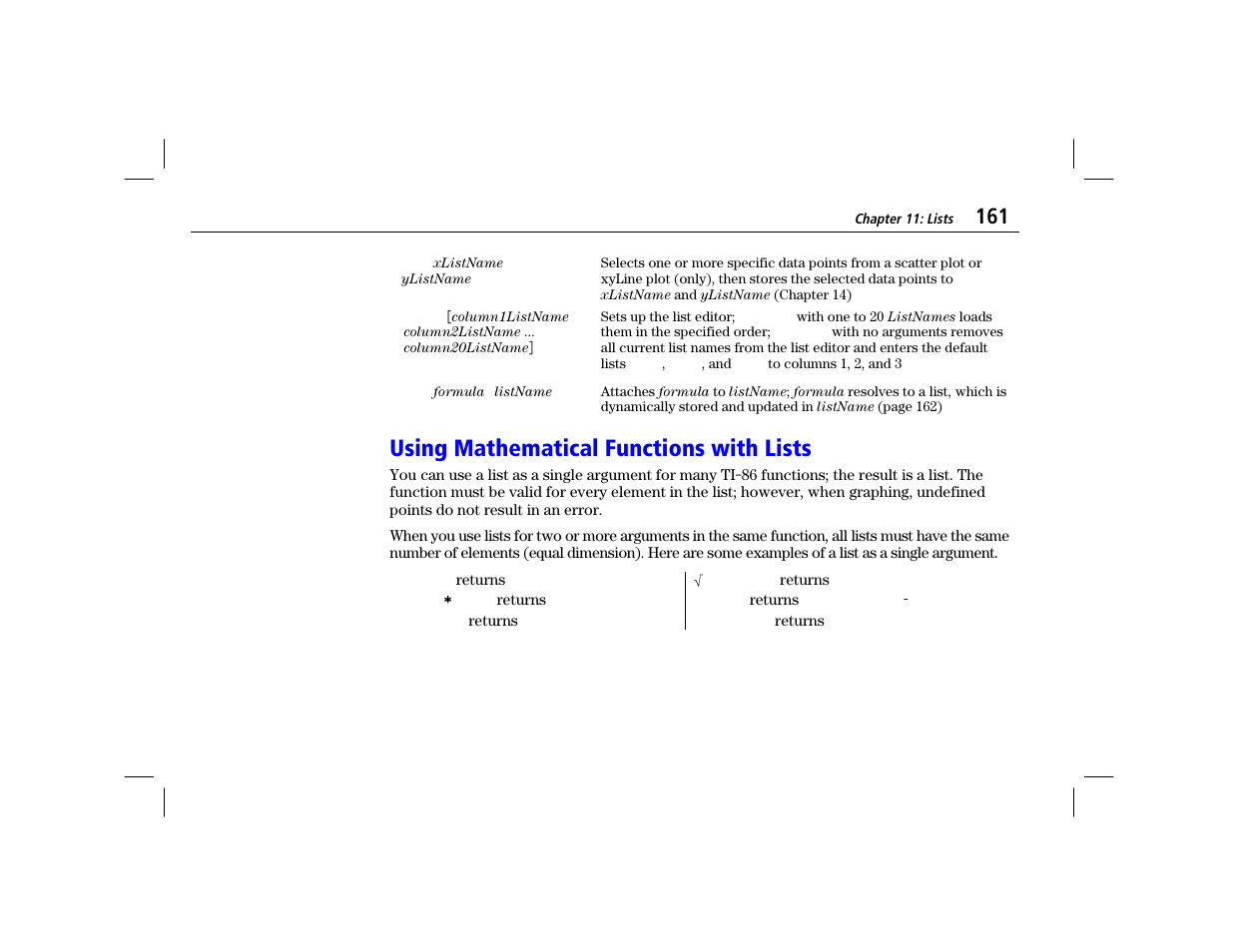 Using mathematical functions with lists | Texas Instruments TI-86 User Manual | Page 173 / 431