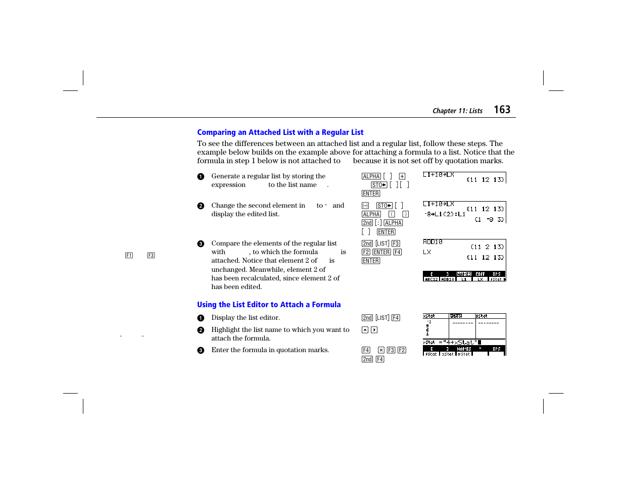 Comparing an attached list with a regular list, Using the list editor to attach a formula | Texas Instruments TI-86 User Manual | Page 175 / 431