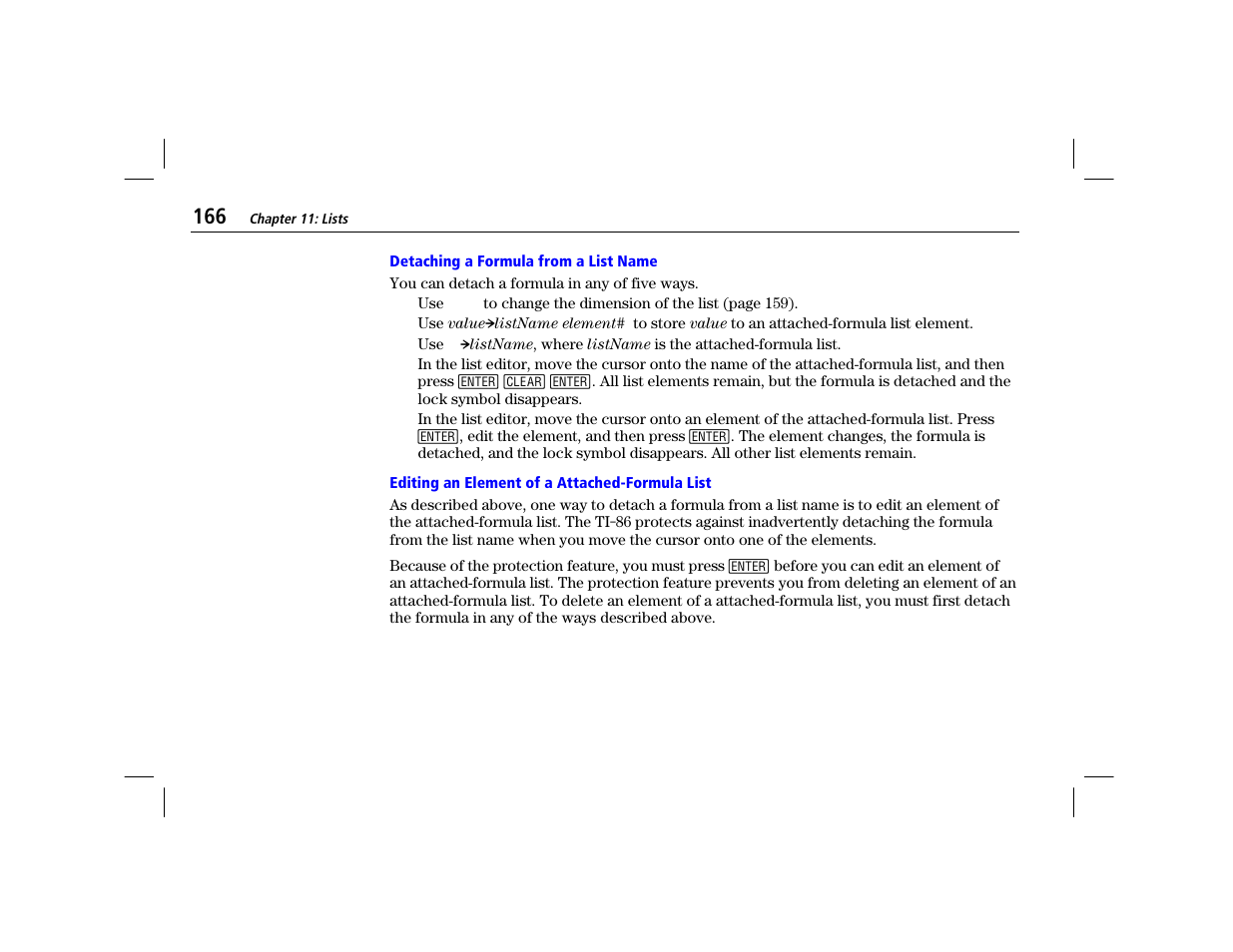 Detaching a formula from a list name, Editing an element of a attached-formula list | Texas Instruments TI-86 User Manual | Page 178 / 431