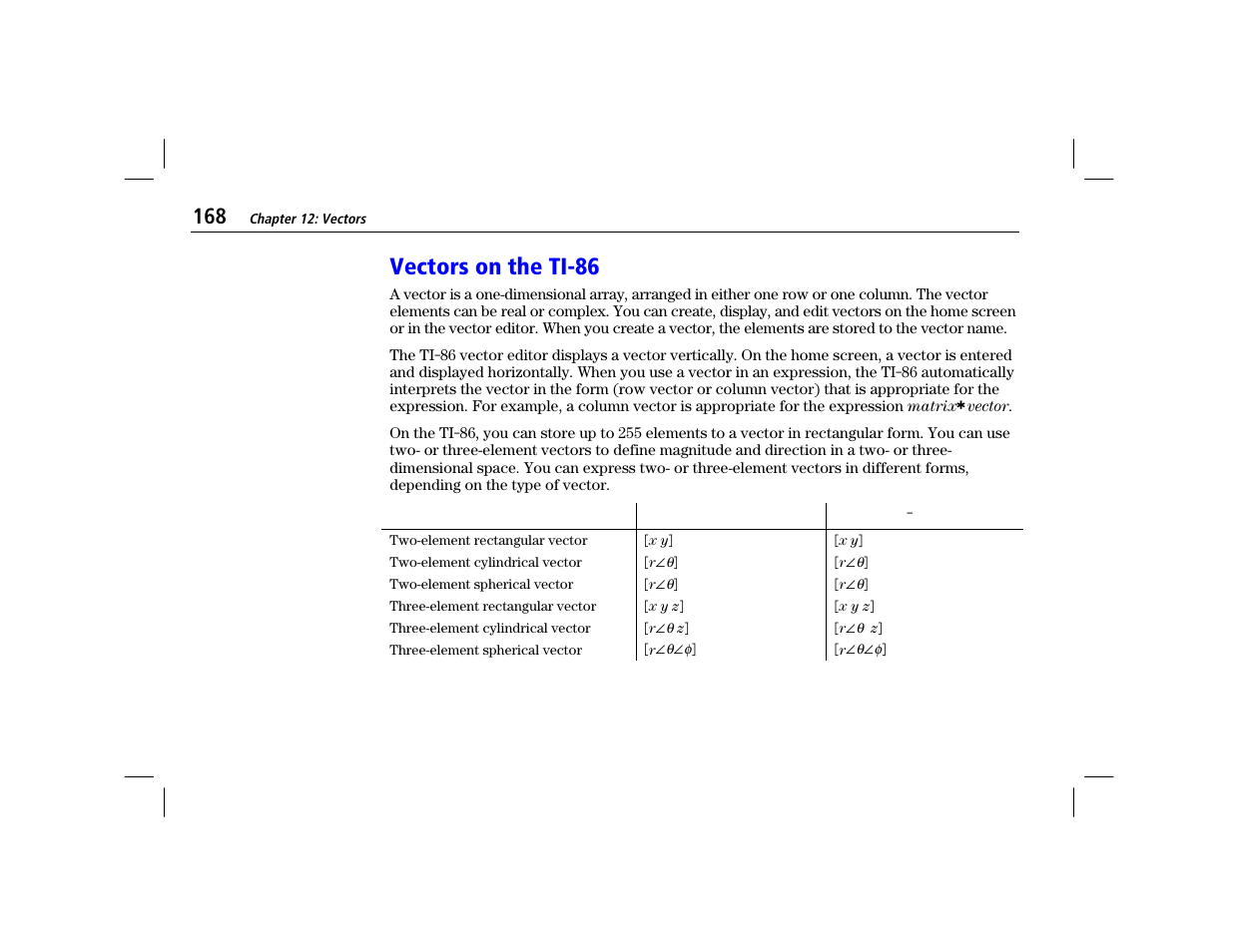 Vectors on the ti-86 | Texas Instruments TI-86 User Manual | Page 180 / 431