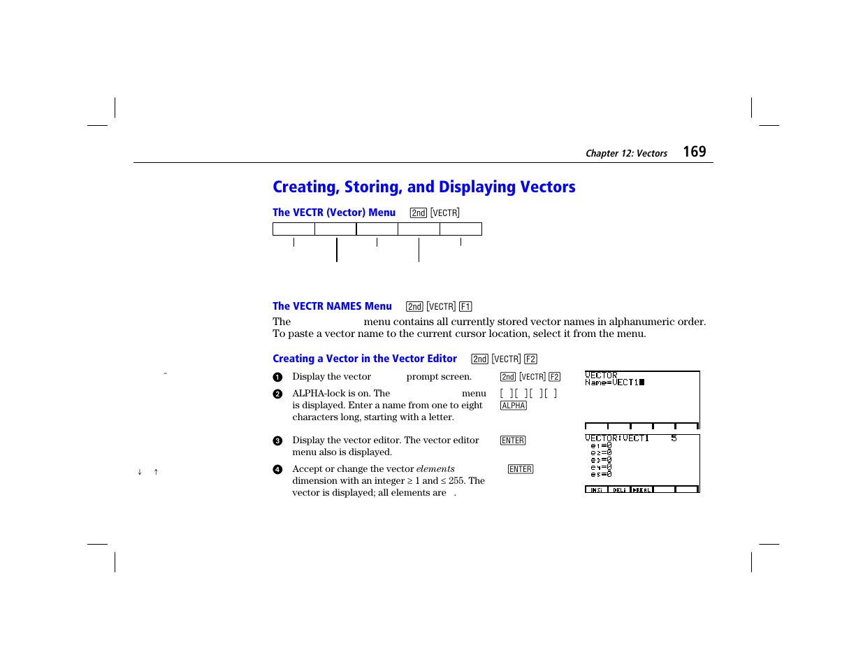 Creating, storing, and displaying vectors, The vectr (vector) menu, The vectr names menu | Creating a vector in the vector editor | Texas Instruments TI-86 User Manual | Page 181 / 431