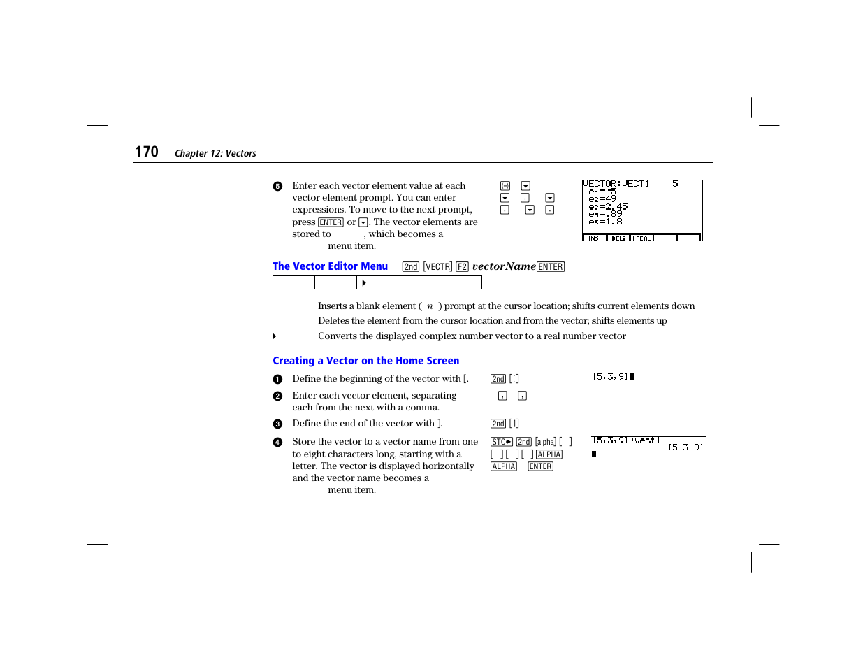 The vector editor menu, Creating a vector on the home screen | Texas Instruments TI-86 User Manual | Page 182 / 431
