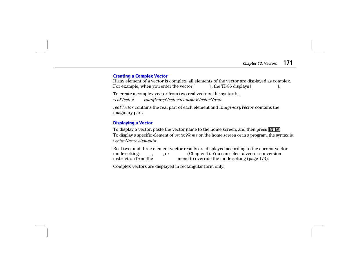 Creating a complex vector, Displaying a vector | Texas Instruments TI-86 User Manual | Page 183 / 431