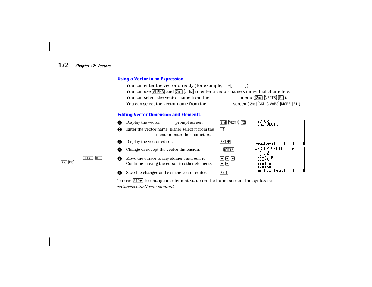 Using a vector in an expression, Editing vector dimension and elements | Texas Instruments TI-86 User Manual | Page 184 / 431