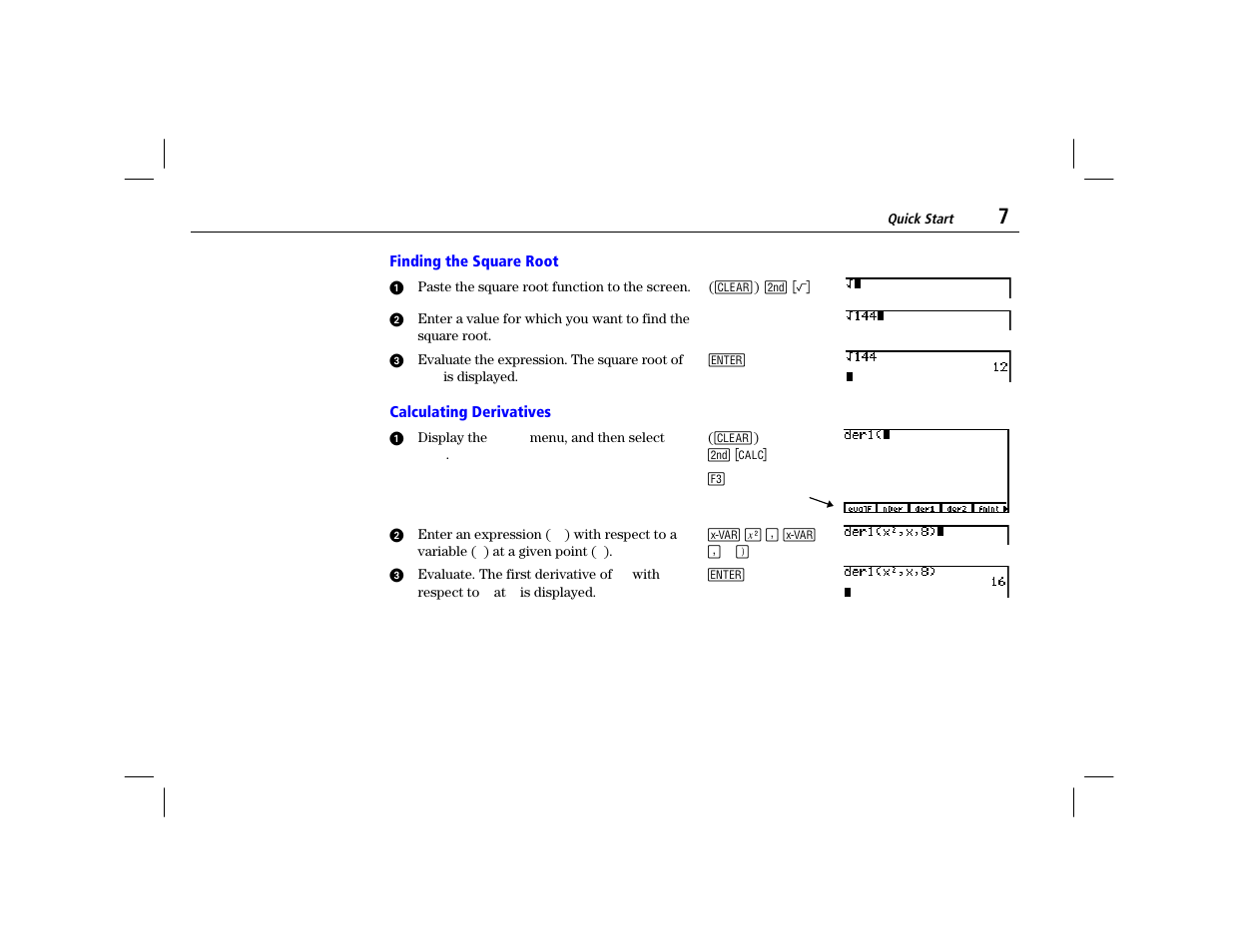 Finding the square root, Calculating derivatives | Texas Instruments TI-86 User Manual | Page 19 / 431