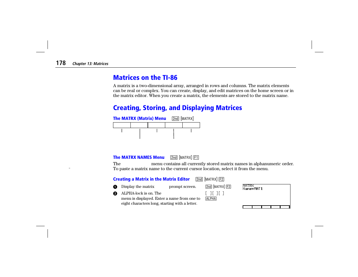 Matrices on the ti-86, Creating, storing, and displaying matrices, The matrx (matrix) menu | The matrx names menu, Creating a matrix in the matrix editor | Texas Instruments TI-86 User Manual | Page 190 / 431