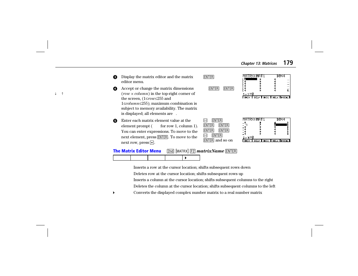 The matrix editor menu | Texas Instruments TI-86 User Manual | Page 191 / 431