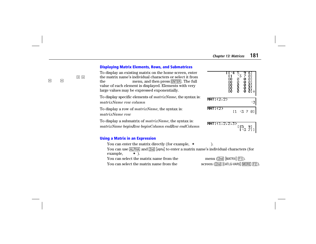 Displaying matrix elements, rows, and submatrices, Using a matrix in an expression | Texas Instruments TI-86 User Manual | Page 193 / 431