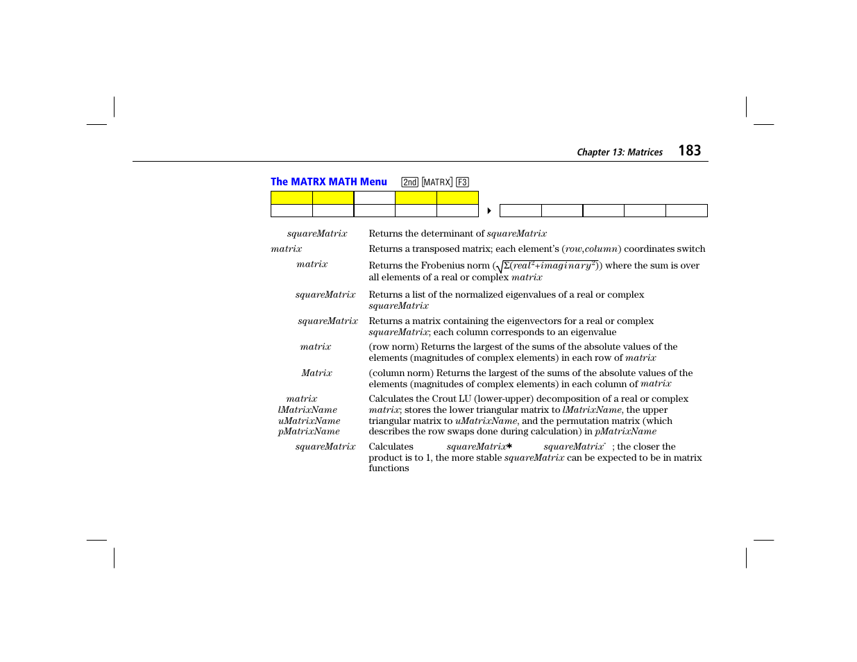 The matrx math menu | Texas Instruments TI-86 User Manual | Page 195 / 431