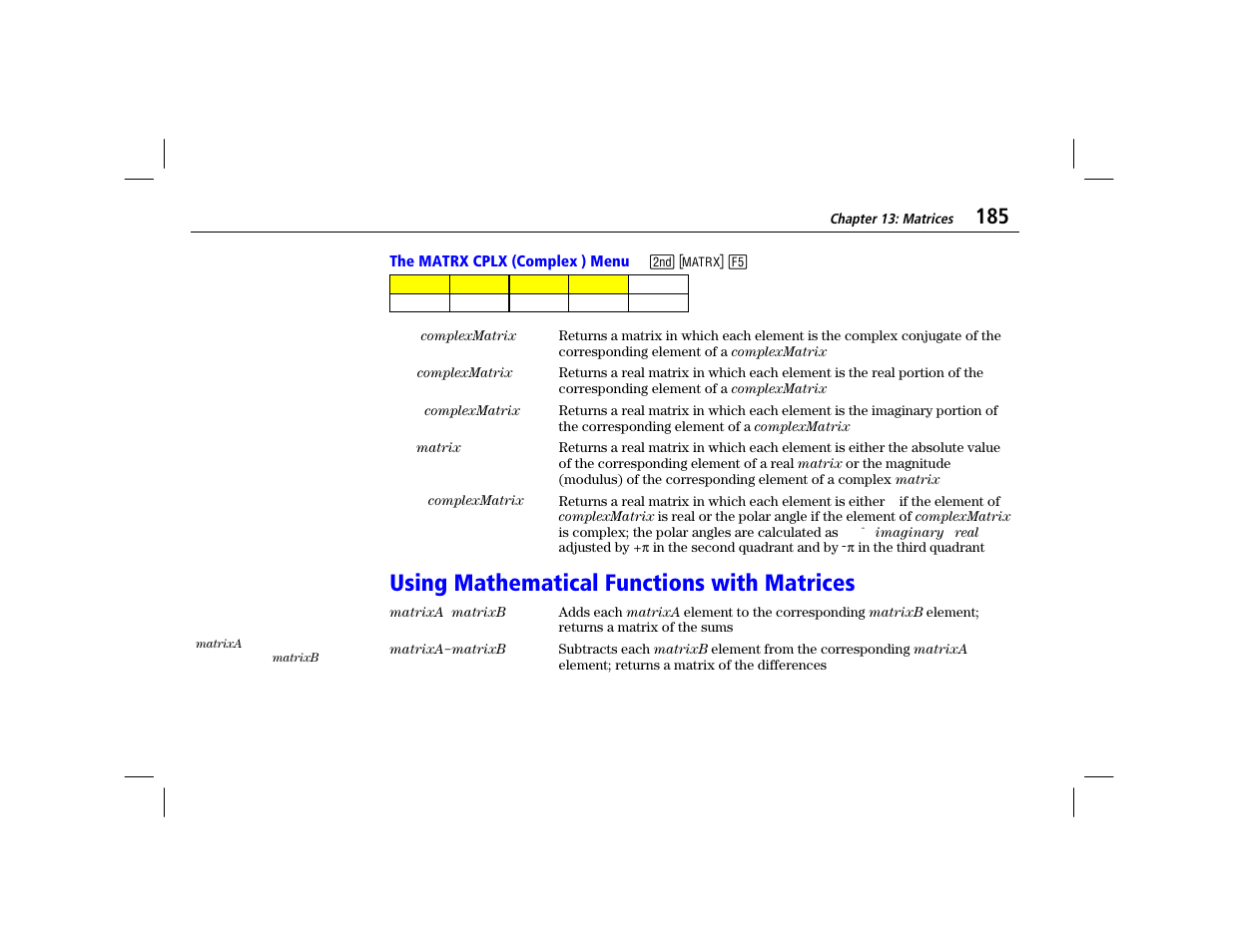 The matrx cplx (complex ) menu, Using mathematical functions with matrices | Texas Instruments TI-86 User Manual | Page 197 / 431