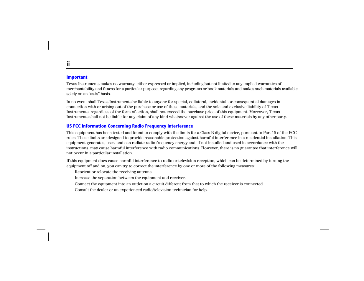 Important and us fcc information | Texas Instruments TI-86 User Manual | Page 2 / 431