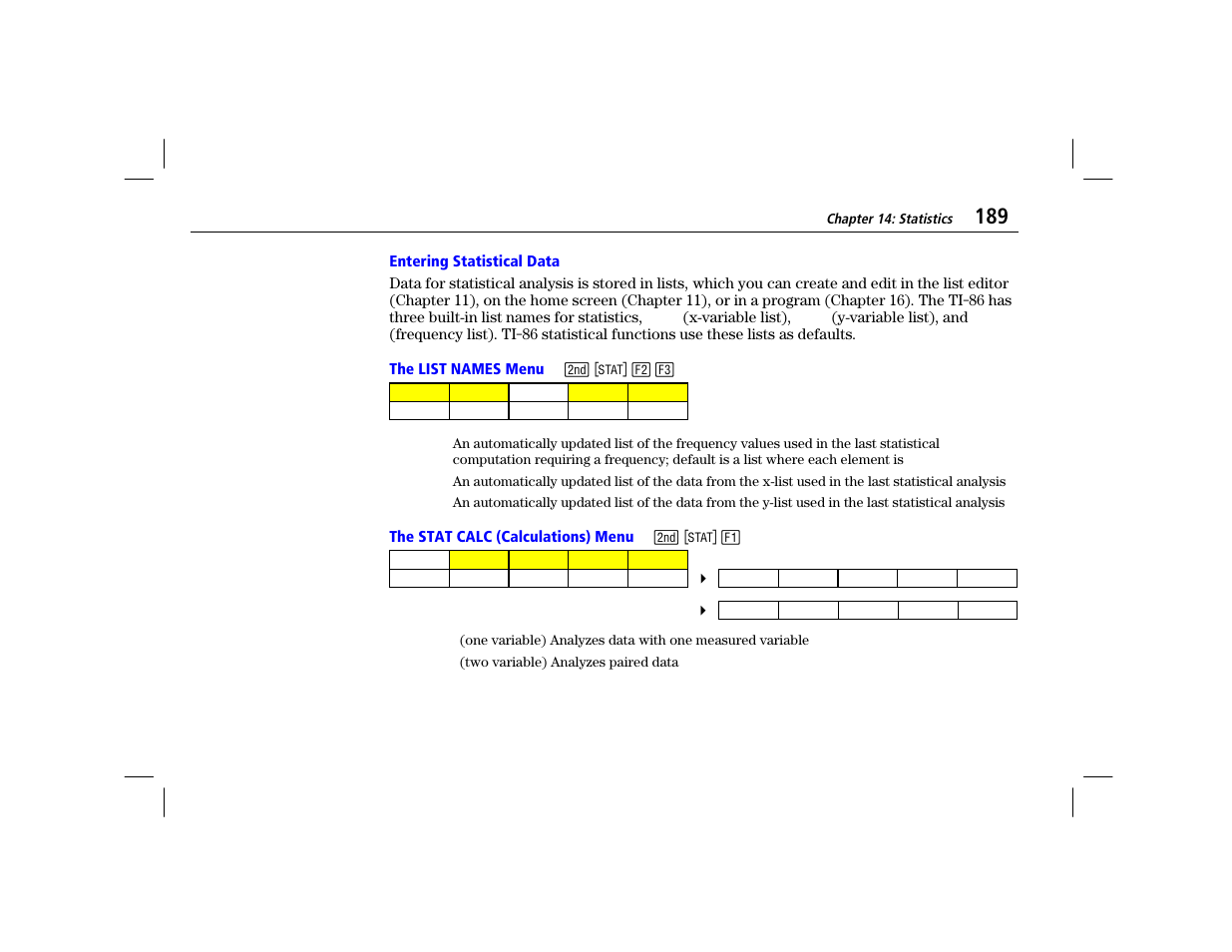 Entering statistical data, The list names menu, The stat calc (calculations) menu | Texas Instruments TI-86 User Manual | Page 201 / 431