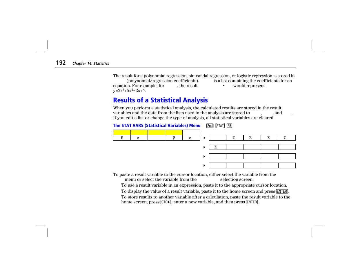 Results of a statistical analysis, The stat vars (statistical variables) menu | Texas Instruments TI-86 User Manual | Page 204 / 431