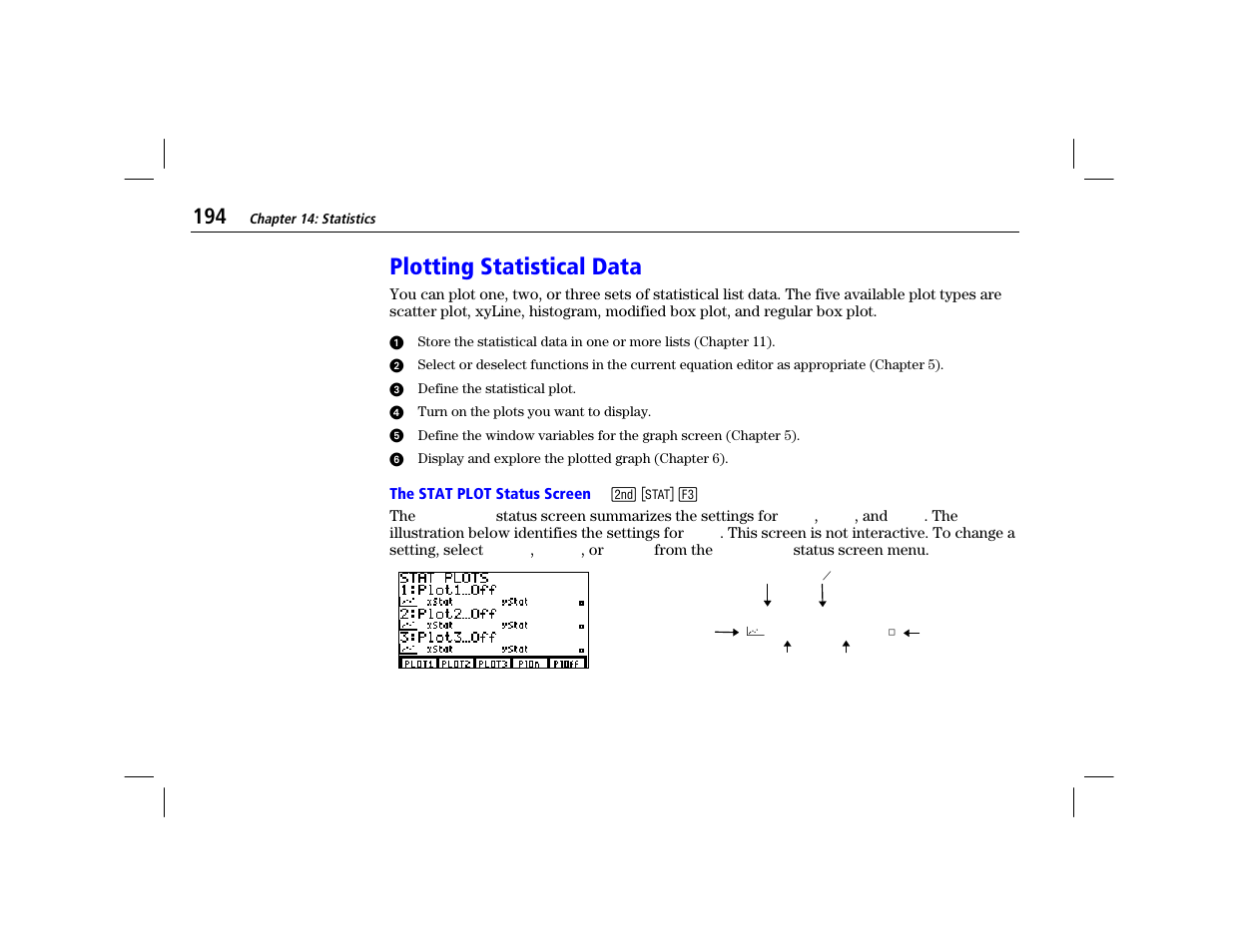 Plotting statistical data, The stat plot status screen | Texas Instruments TI-86 User Manual | Page 206 / 431