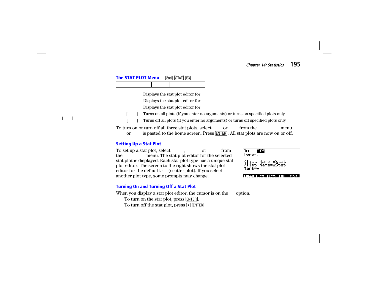 The stat plot menu, Setting up a stat plot, Turning on and turning off a stat plot | Texas Instruments TI-86 User Manual | Page 207 / 431