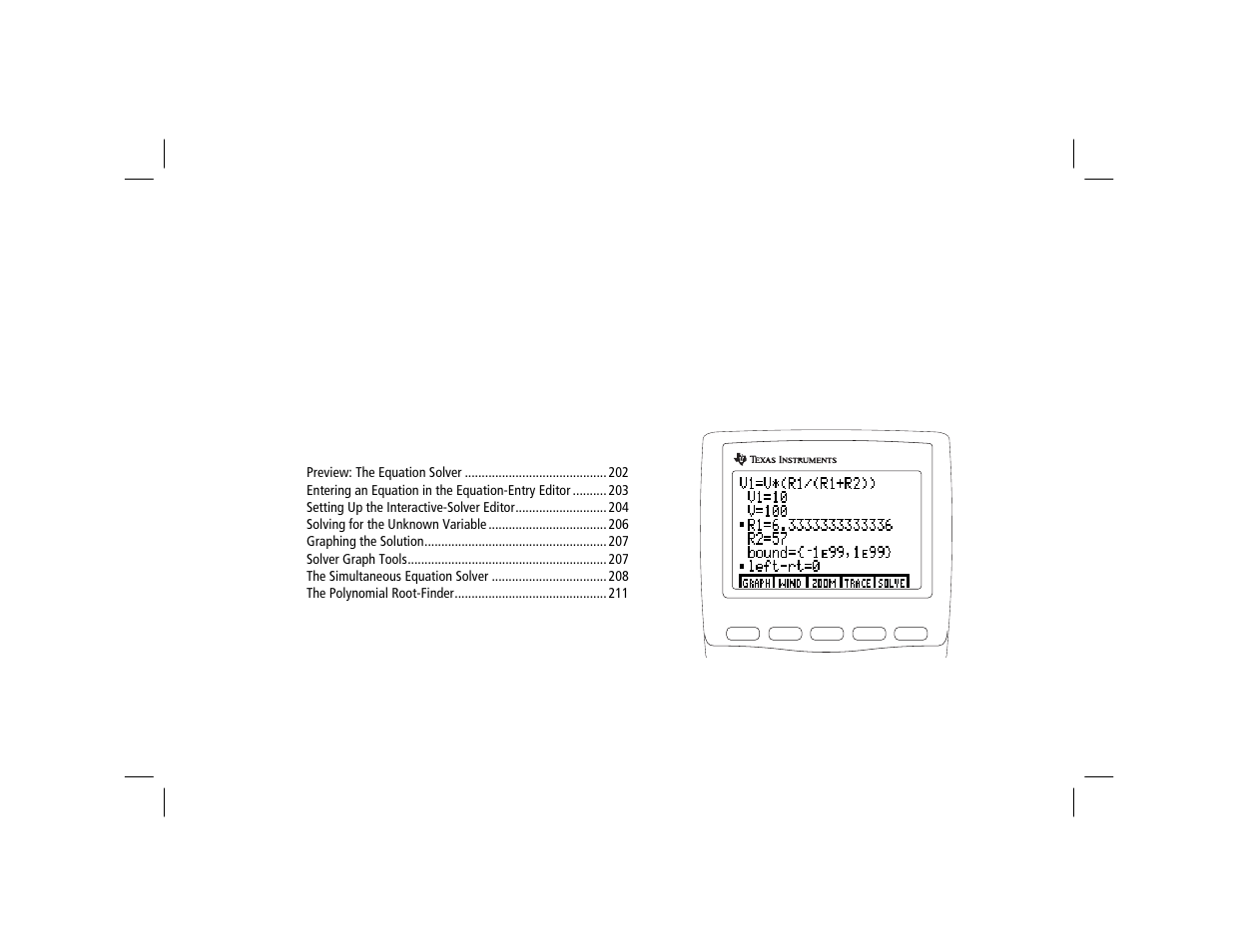Chapter 15: equation solving, Equation solving | Texas Instruments TI-86 User Manual | Page 213 / 431
