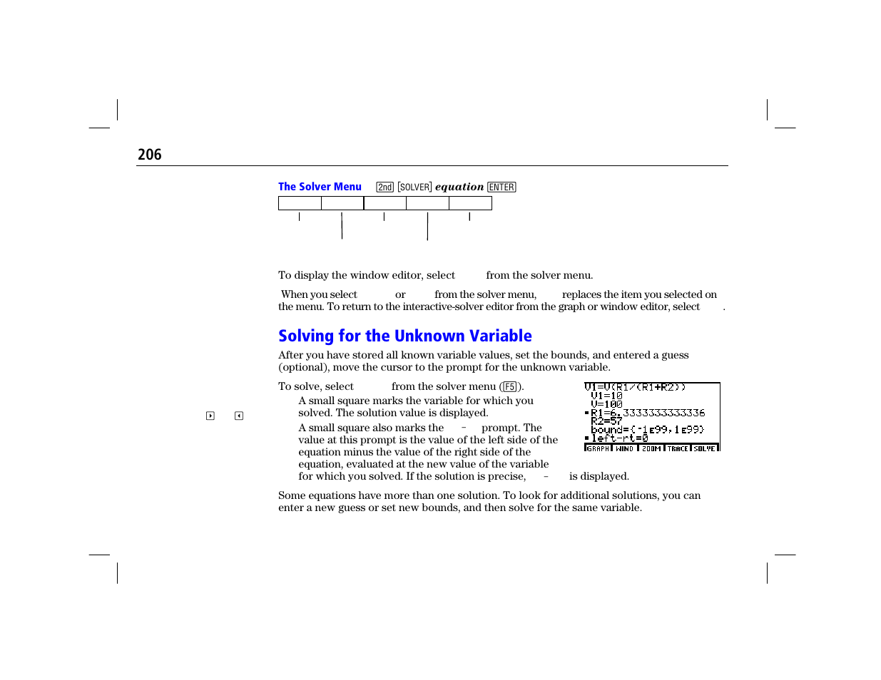 The solver menu, Solving for the unknown variable | Texas Instruments TI-86 User Manual | Page 218 / 431