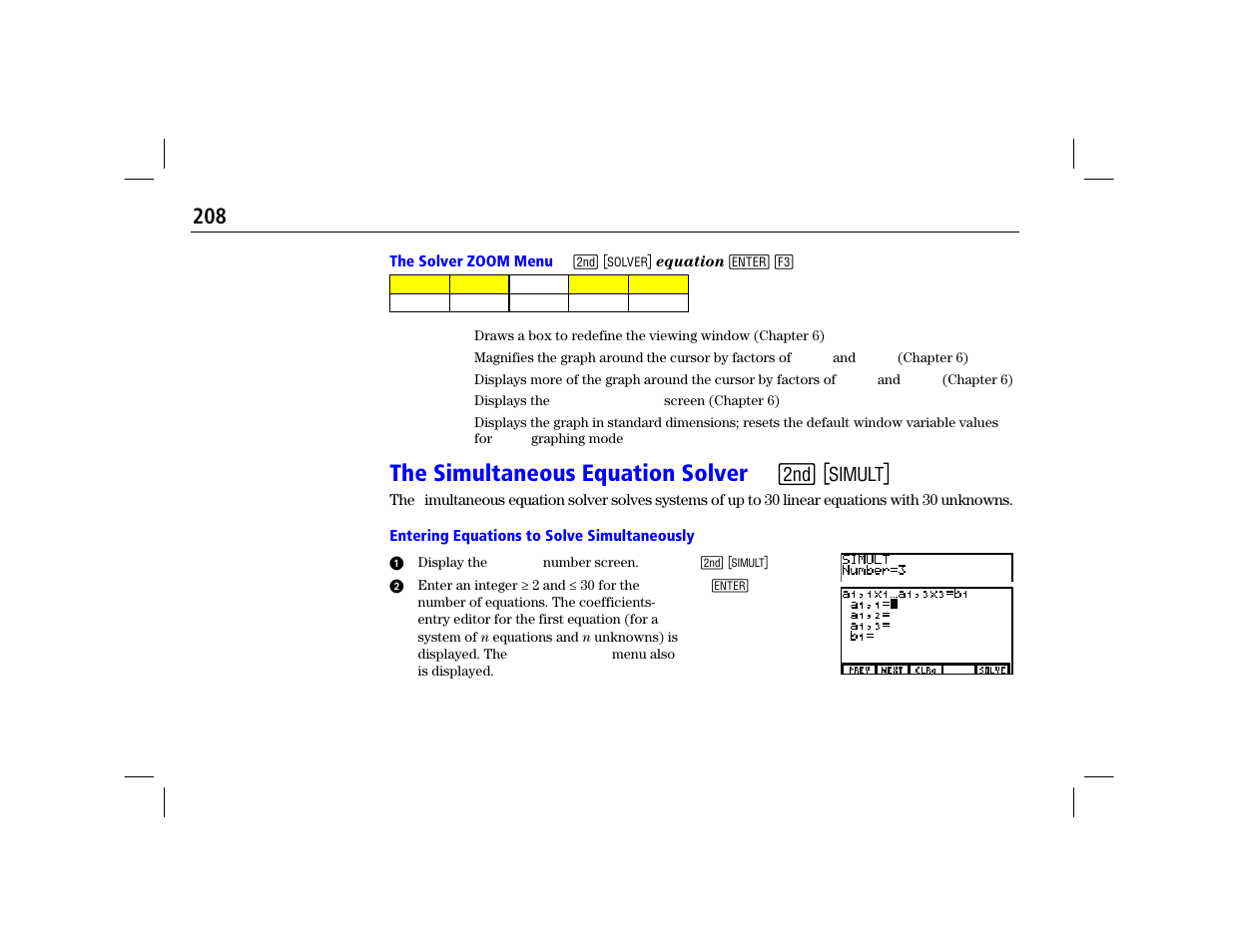 The solver zoom menu, The simultaneous equation solver, Entering equations to solve simultaneously | The simultaneous equation solver - u | Texas Instruments TI-86 User Manual | Page 220 / 431