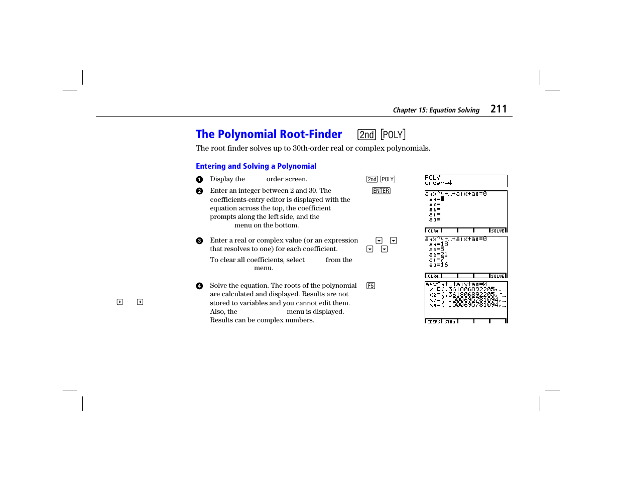 The polynomial root-finder, Entering and solving a polynomial, The polynomial root-finder - v | Texas Instruments TI-86 User Manual | Page 223 / 431