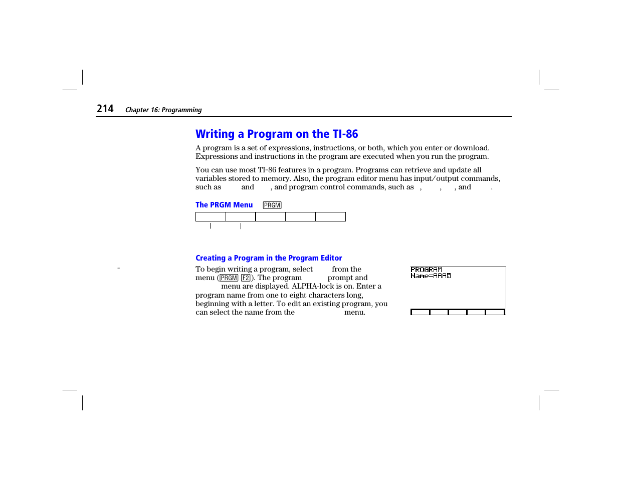 Writing a program on the ti-86, The prgm menu, Creating a program in the program editor | Texas Instruments TI-86 User Manual | Page 226 / 431