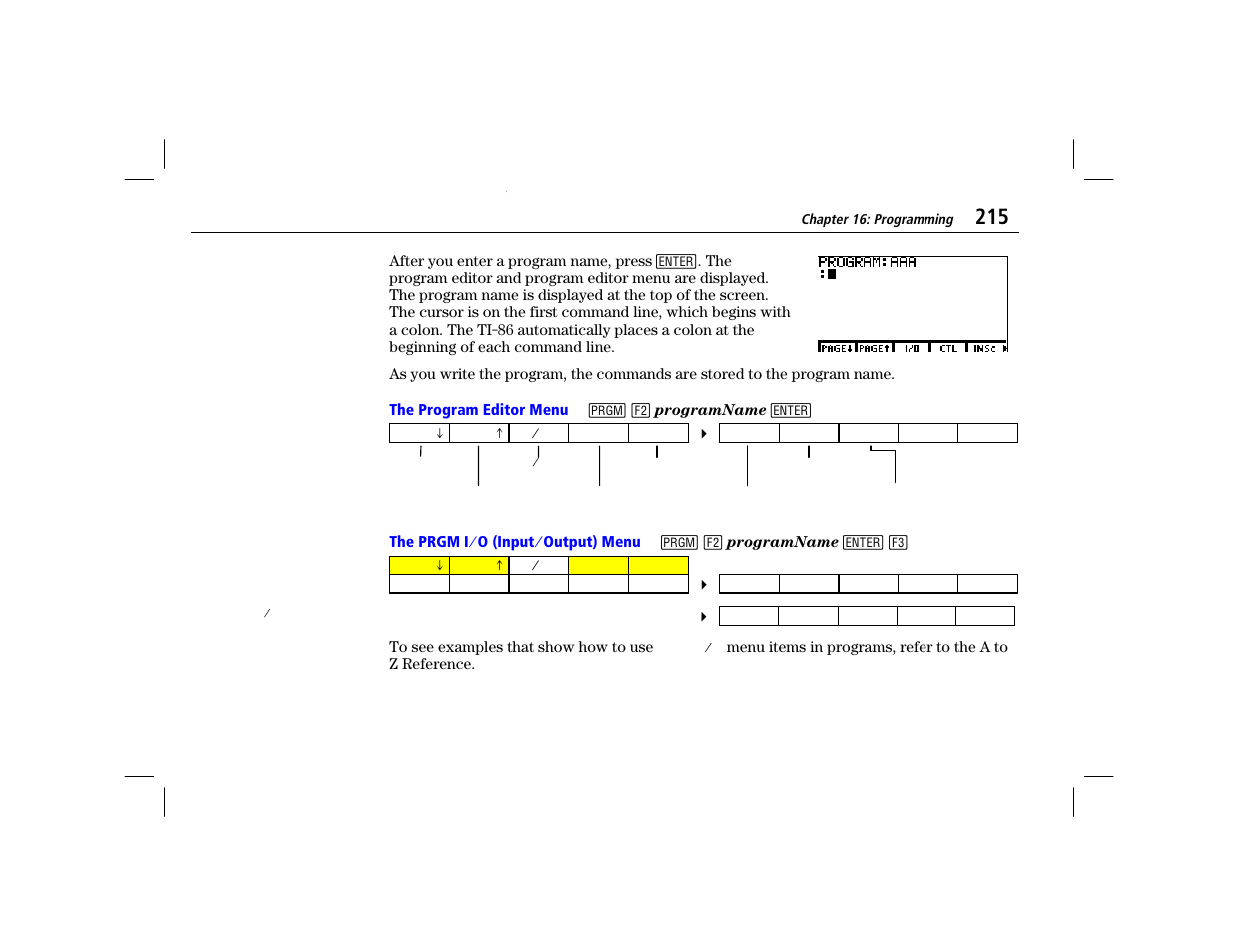 The program editor menu, The prgm i à o (input à output) menu | Texas Instruments TI-86 User Manual | Page 227 / 431