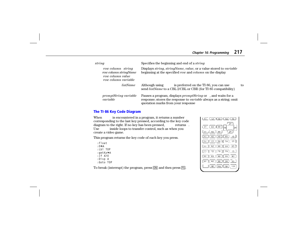 The ti-86 key code diagram | Texas Instruments TI-86 User Manual | Page 229 / 431