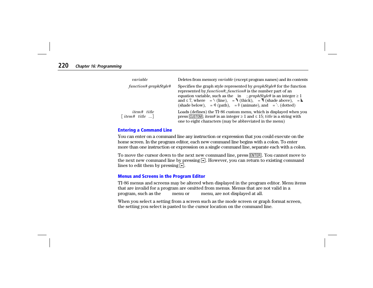 Entering a command line, Menus and screens in the program editor | Texas Instruments TI-86 User Manual | Page 232 / 431