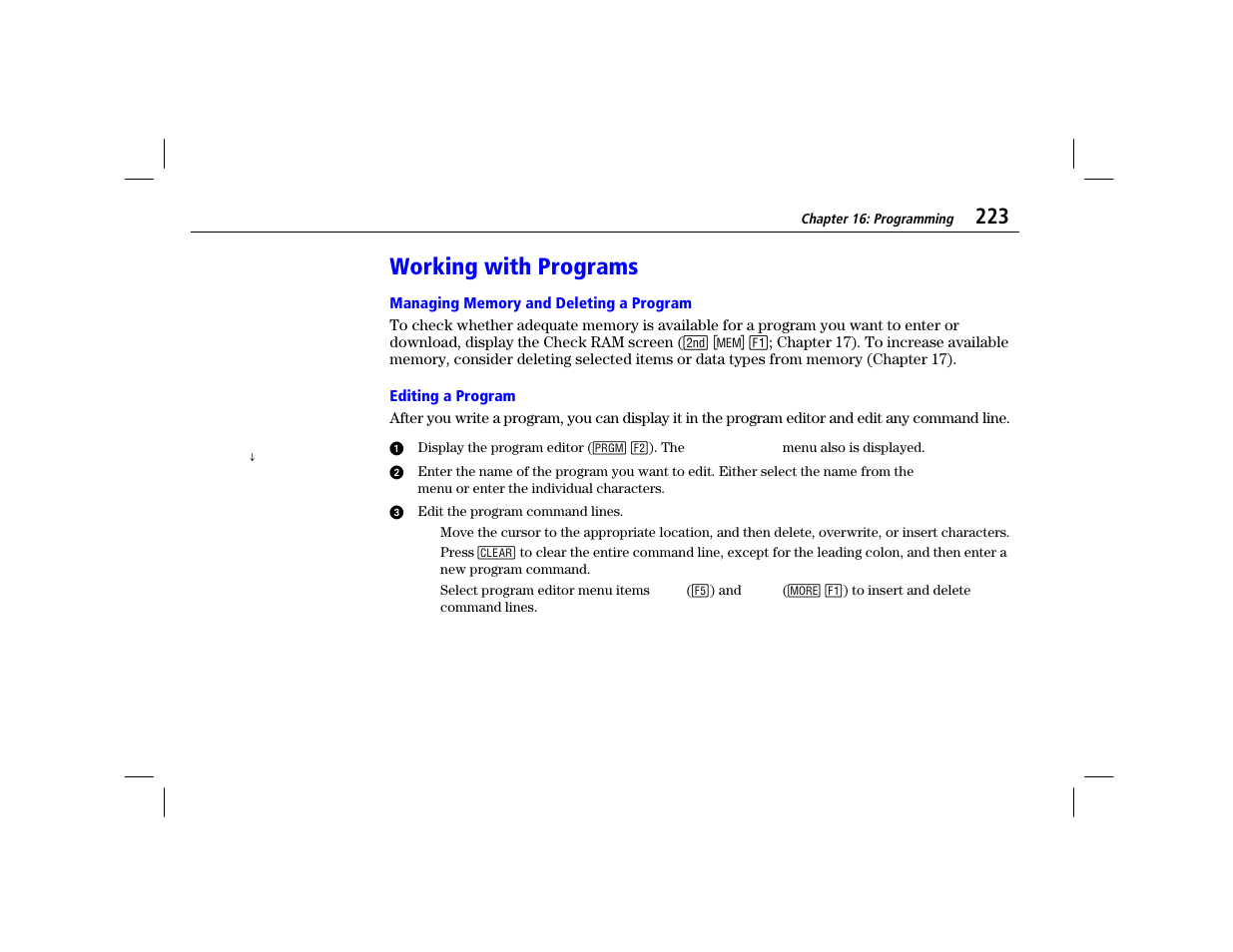 Working with programs, Managing memory and deleting a program, Editing a program | Texas Instruments TI-86 User Manual | Page 235 / 431