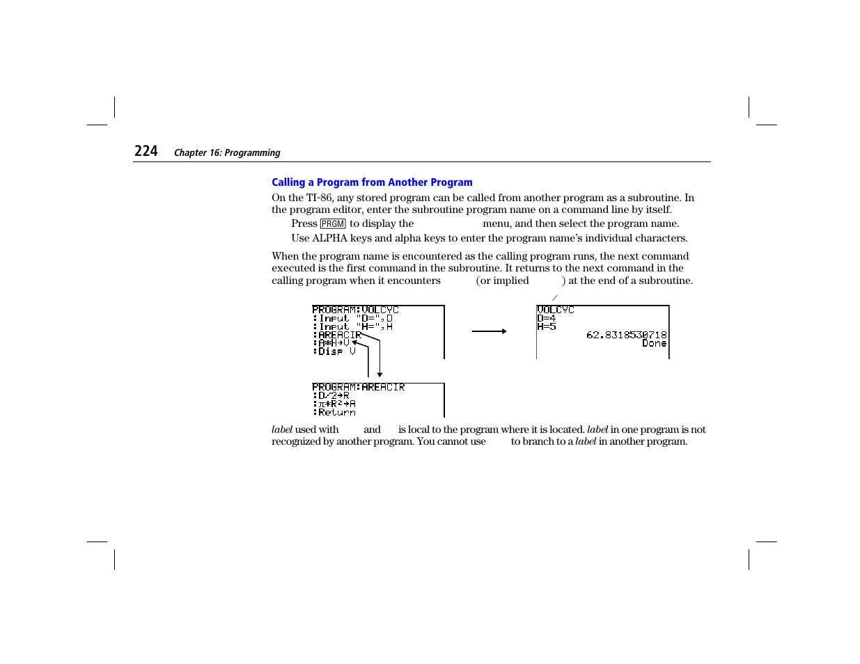 Calling a program from another program | Texas Instruments TI-86 User Manual | Page 236 / 431