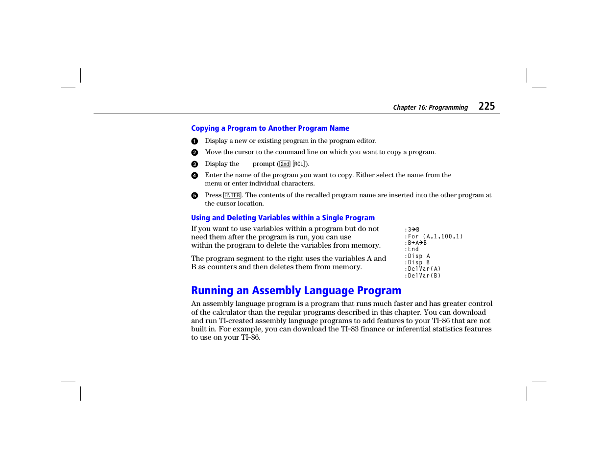 Copying a program to another program name, Running an assembly language program | Texas Instruments TI-86 User Manual | Page 237 / 431