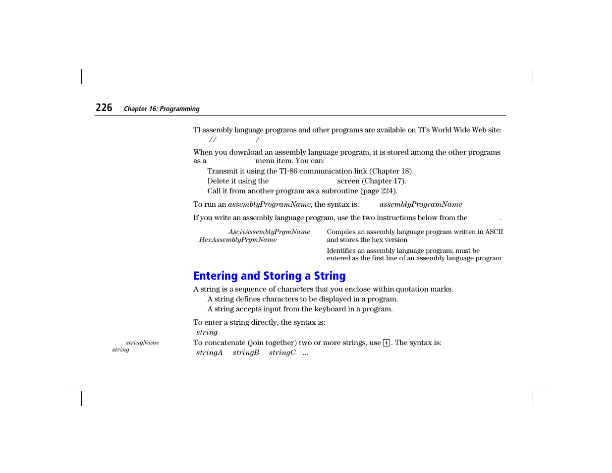 Entering and storing a string | Texas Instruments TI-86 User Manual | Page 238 / 431