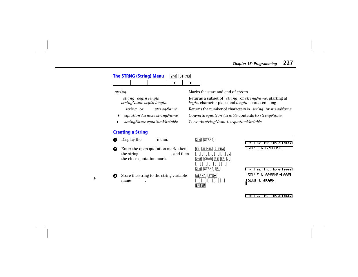 The strng (string) menu, Creating a string | Texas Instruments TI-86 User Manual | Page 239 / 431