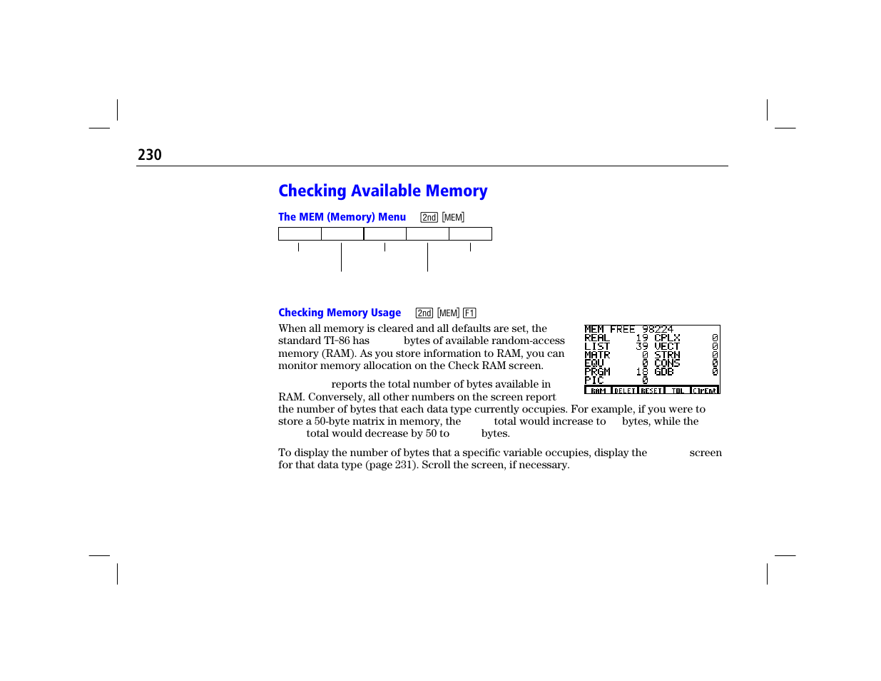 Checking available memory, The mem (memory) menu, Checking memory usage | Texas Instruments TI-86 User Manual | Page 242 / 431