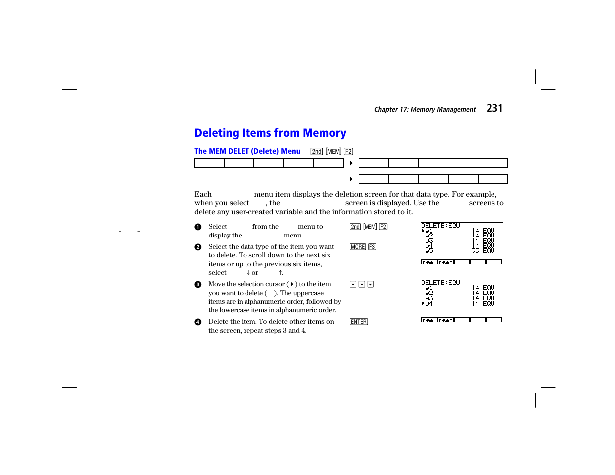 Deleting items from memory, The mem delet (delete) menu | Texas Instruments TI-86 User Manual | Page 243 / 431