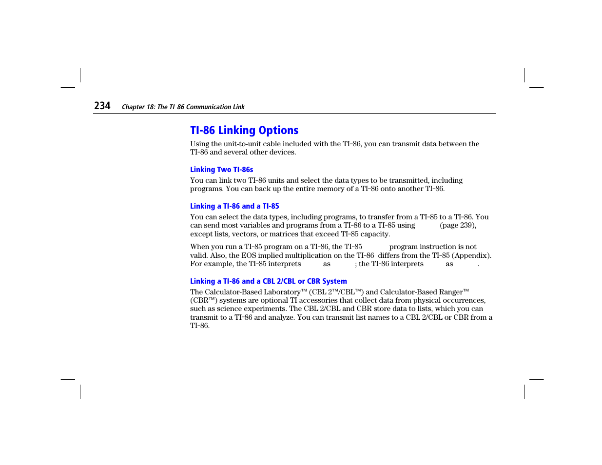 Ti-86 linking options, Linking two ti-86s, Linking a ti-86 and a ti-85 | Linking a ti-86 and a cbl 2/cbl or cbr system | Texas Instruments TI-86 User Manual | Page 246 / 431