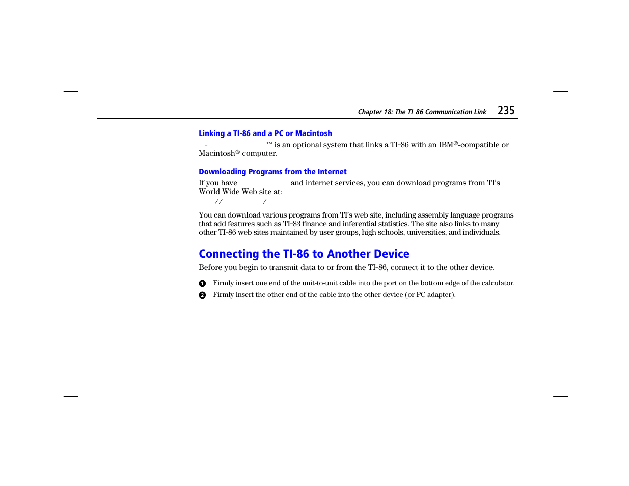 Linking a ti-86 and a pc or macintosh, Downloading programs from the internet, Connecting the ti-86 to another device | Texas Instruments TI-86 User Manual | Page 247 / 431