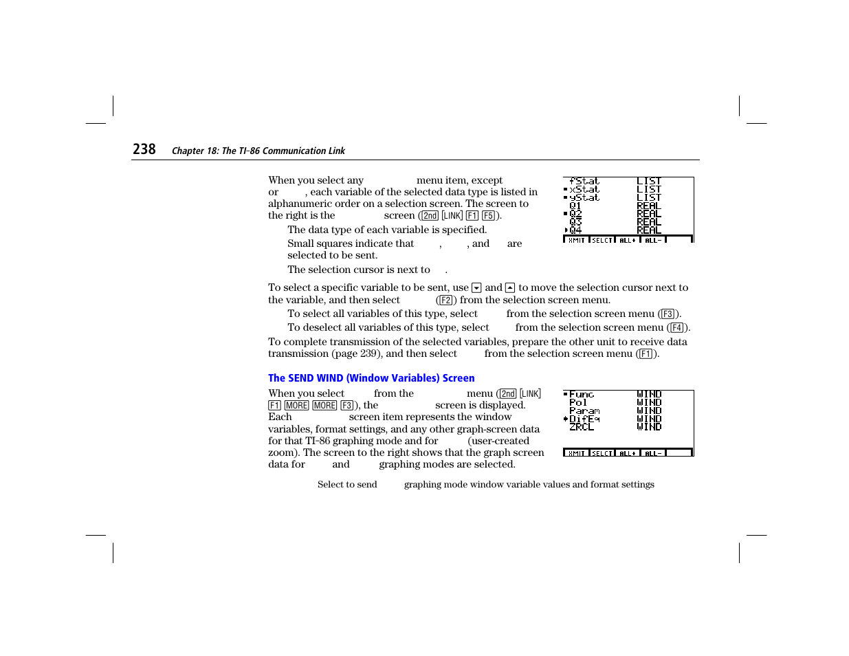 The send wind (window variables) screen | Texas Instruments TI-86 User Manual | Page 250 / 431