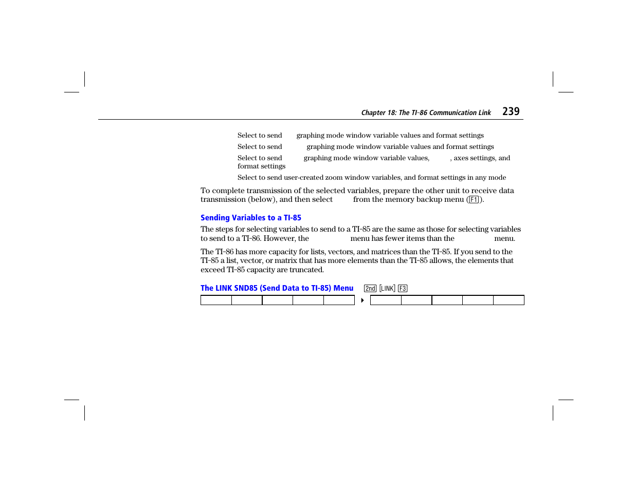 Sending variables to a ti-85, The link snd85 (send data to ti-85) menu | Texas Instruments TI-86 User Manual | Page 251 / 431
