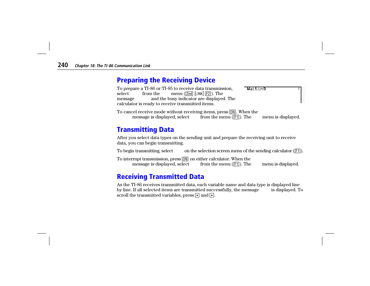 Preparing the receiving device, Transmitting data, Receiving transmitted data | Texas Instruments TI-86 User Manual | Page 252 / 431