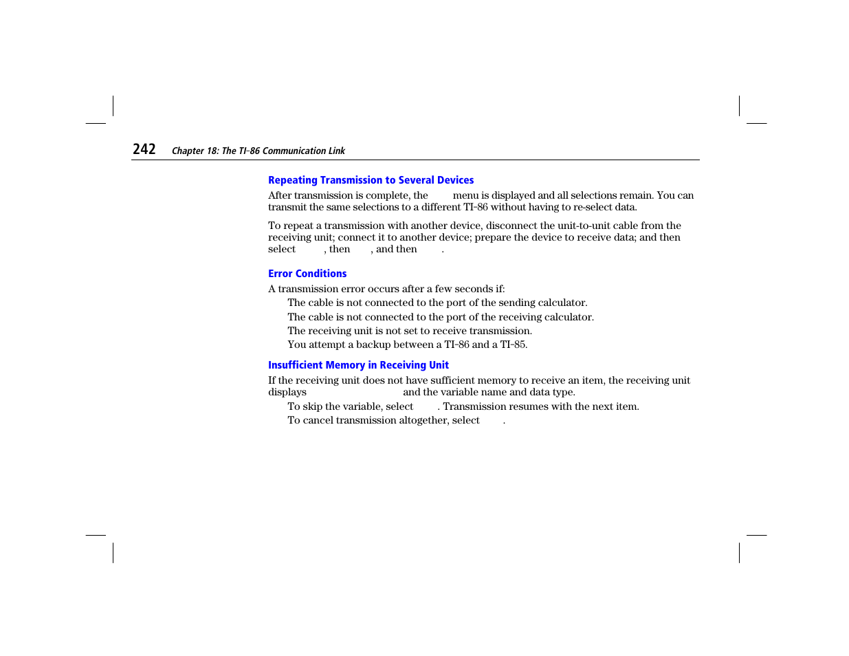 Repeating transmission to several devices, Error conditions, Insufficient memory in receiving unit | Texas Instruments TI-86 User Manual | Page 254 / 431